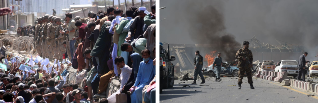 People with documents at the airport gate & Scene of a Bomb Explosion at the airport